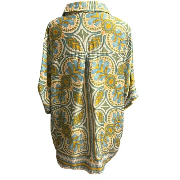 Women's Haute Hippie Button Down Shirt L Green Blue Floral - Picture 4 of 12